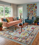 Wool Area Rug Hand Knotted Blue and Beige - Modern Oushak Style Turkish Craftsmanship
