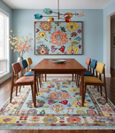 Wool Area Rug Hand Knotted Blue and Beige - Modern Oushak Style Turkish Craftsmanship
