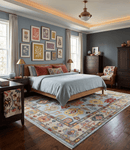 Wool Area Rug Hand Knotted Blue and Beige - Modern Oushak Style Turkish Craftsmanship