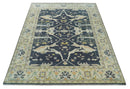 Custom Made Hand Knotted Oriental Oushak Charcoal, Ivory and Olive Wool Area Rug