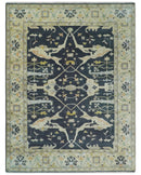 Custom Made Hand Knotted Oriental Oushak Charcoal, Ivory and Olive Wool Area Rug