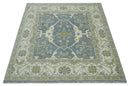 Custom Made Hand Knotted Oriental Oushak Ivory, Charcoal and Olive Wool Area Rug