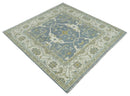 Custom Made Hand Knotted Oriental Oushak Ivory, Charcoal and Olive Wool Area Rug