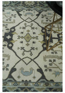 Custom made Hand Knotted Oriental Oushak Ivory, Charcoal and Olive Wool Area Rug