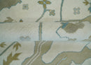 Custom Made Hand Knotted Oriental Oushak Ivory, Teal and Beige Wool Area Rug