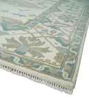 Custom Made Hand Knotted Oriental Oushak Ivory, Teal and Beige Wool Area Rug