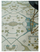 Custom Made Hand Knotted Oriental Oushak Ivory, Teal and Beige Wool Area Rug