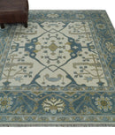 Custom Made Hand Knotted Oriental Oushak Ivory, Teal and Beige Wool Area Rug