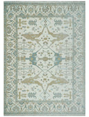 Custom Made Hand Knotted Oriental Oushak Ivory, Teal and Beige Wool Area Rug