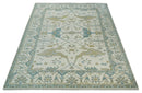 Custom Made Hand Knotted Oriental Oushak Ivory, Teal and Beige Wool Area Rug