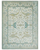 Custom Made Hand Knotted Oriental Oushak Ivory, Teal and Beige Wool Area Rug