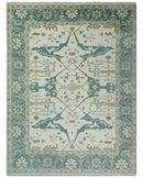 Custom Made Hand Knotted Oriental Oushak Ivory, Teal and Beige Wool Area Rug