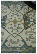 Custom Made Hand Knotted Oriental Oushak Ivory, Teal and Beige Wool Area Rug