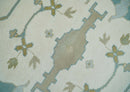 Custom Made Hand Knotted Oriental Oushak Ivory, Teal and Beige Wool Area Rug