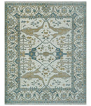 Custom Made Hand Knotted Oriental Oushak Ivory, Teal and Beige Wool Area Rug