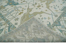 Custom Made Hand Knotted Oriental Oushak Ivory, Teal and Beige Wool Area Rug