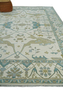Custom Made Hand Knotted Oriental Oushak Ivory, Teal and Beige Wool Area Rug