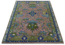 Custom Made Hand knotted Peach, Green and Blue Antique Design Area Rug