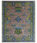 Custom Made Hand knotted Peach, Green and Blue Antique Design Area Rug