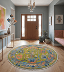 Custom Made Hand Knotted Round Traditional Oushak Green And Gray Wool Rug
