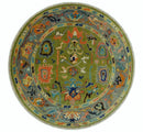 Custom Made Hand Knotted Round Traditional Oushak Green And Gray Wool Rug