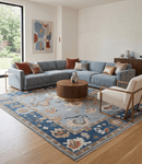 Silver and Blue Wool Area Rug - Hand Knotted Oushak Traditional