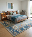 Silver and Blue Wool Area Rug - Hand Knotted Oushak Traditional