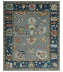 Silver and Blue Wool Area Rug - Hand Knotted Oushak Traditional