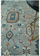 Hand-Knotted Traditional Wool Oushak Area Rug - Teal Silver Ivory Brown