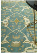 Custom Made Hand Knotted Teal, Ivory and Olive Oriental Oushak wool area rug