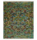 Hand Knotted Wool Area Rug - Transitional Jewel Tone Green Pink Purple