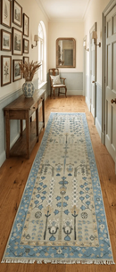Custom Made Hand Knotted Tree of Life Beige And Blue Runner Wool Rug by The Rug Decor