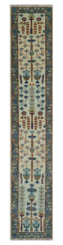 Custom Made Ivory And Gray Tree of life Hand Knotted Runner Rug by The Rug Decor