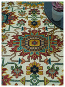 Custom Made Ivory And Maroon Traditional Floral Motifs Design Hand Knotted Wool Rug