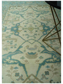 Custom Made Ivory and Teal Hand Knotted Traditional Oriental Oushak wool rug