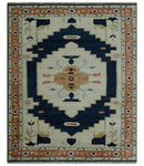 Custom Made Ivory, Blue, Beige and Rust Hand Knotted Traditional Heriz Wool Area Rug