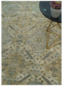 Hand Knotted Wool Area Rug in Ivory Brown and Blue Traditional Design Custom Made by The Rug Decor