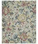 Custom Made Ivory, Charcoal and Olive Floral Design Colorful Hand Tufted wool rug