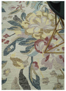 Custom Made Ivory, Charcoal and Olive Floral Design Colorful Hand Tufted wool rug
