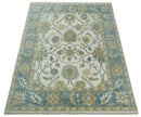 Ivory Gray Beige Wool Oushak Area Rug - Hand Knotted Floral Design