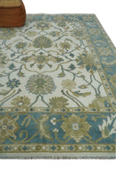 Ivory Gray Beige Wool Oushak Area Rug - Hand Knotted Floral Design