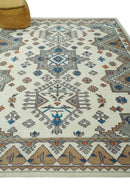 Wool Area Rug Hand Knotted Traditional in Ivory Gray and Camel