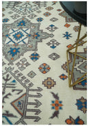 Wool Area Rug Hand Knotted Traditional in Ivory Gray and Camel