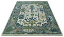 Oushak Wool Hand Knotted Area Rug Traditional Design Ivory Gray and Green with Teal