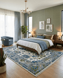 Oushak Wool Hand Knotted Area Rug Traditional Design Ivory Gray and Green with Teal