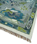 Oushak Wool Hand Knotted Area Rug Traditional Design Ivory Gray and Green with Teal