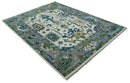 Oushak Wool Hand Knotted Area Rug Traditional Design Ivory Gray and Green with Teal