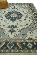 Wool Area Rug - Ivory Gray Camel Charcoal Heriz Traditional Design