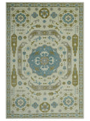 Custom Made Ivory, Olive and Teal Hand Knotted Traditional Medallion Mamluk Design wool Rug