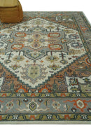 Ivory Silver Peach Olive Hand Knotted Traditional Heriz Area Rug